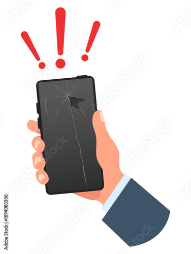 Hand holds smartphone with smashed black screen. Exclamation mark indicating that gadget is broken or malfunctioning. Cracked phone touchscreen. Electronic device damage. Vector concept
