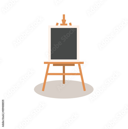 Vector illustration of a wooden art easel with a black chalkboard. Minimalist icon representing creative studios, fine art education, classroom teaching, and professional gallery displays.
