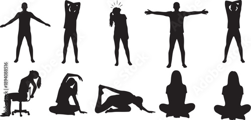 Silhouettes of people in various yoga poses and stretches
