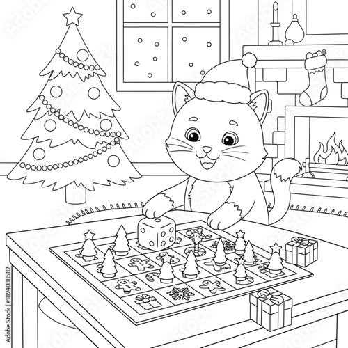 Cute Christmas Cat Playing Board Game Indoors – Festive Holiday Scene with Gifts, Fireplace, and Christmas Tree Coloring Page Illustration