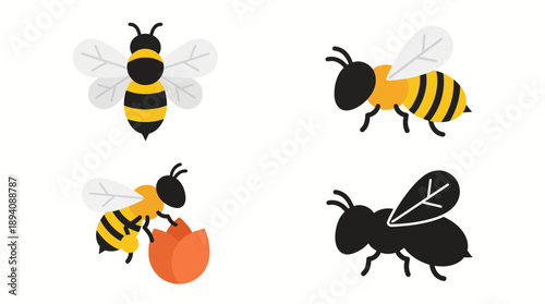 Four bees collecting nectar illustration. Spring Vector Packs. EPS Editable