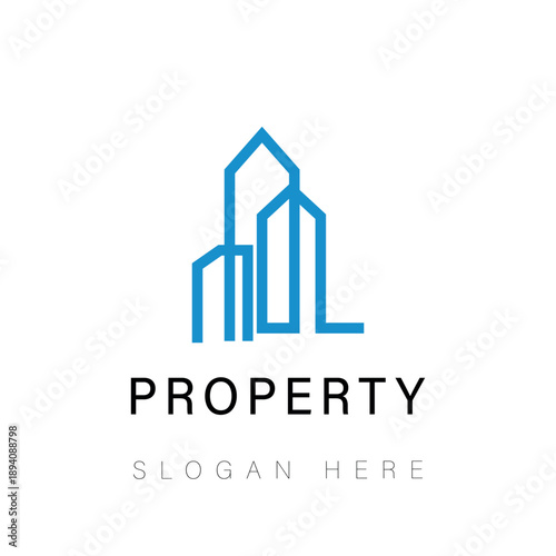 Modern Blue Outline Skyscraper Logo Design on White Background Featuring Stylized Urban Building Silhouette for Real Estate Development Property Management and Construction Brand Identity