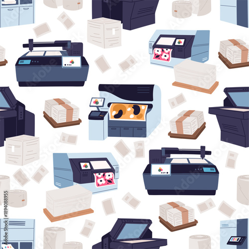 Color printing machines with paper stacks of printed products and blank sheets seamless pattern. Polygraphy laser equipment. Office photocopier. Document scanning. Vector background