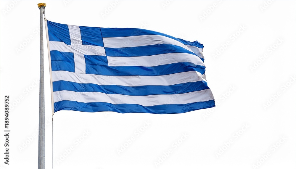 Obraz premium Greek Flag Waving On Mast Isolated And White Background