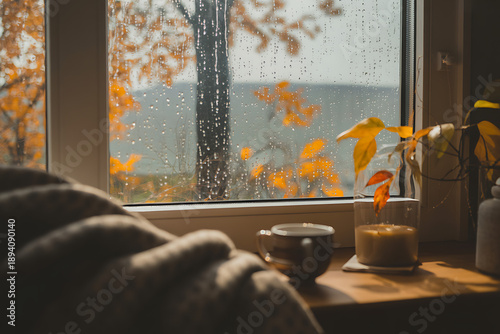 Bild auf Leinwand Cozy autumn morning by rainy window with warm candlelight