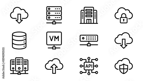Set of 12 Cloud Computing and Server Infrastructure Line Icons Featuring Data Storage, Virtual Machine, API, Network Security, Database, and Hosting Services in a Minimalist Vector Style Grid.