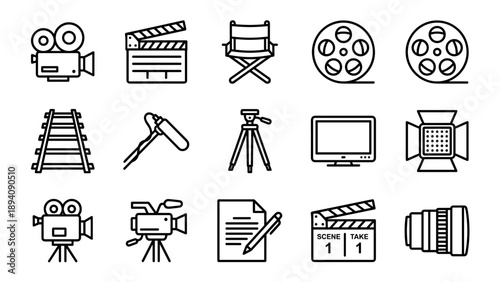 Set of 15 Minimalist Video Production and Filmmaking Line Icons Featuring Movie Camera, Clapperboard, Director Chair, Film Reel, Studio Light, Tripod, and Script for Cinematography Design