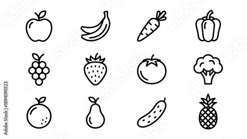 Set of 12 minimalist fruit and vegetable line icons: apple, banana, carrot, pepper, grapes, strawberry, tomato, broccoli, orange, pear, cucumber, and pineapple. Clean black and white vector style.