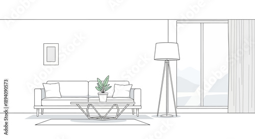 Minimalist Living Room Interior Design Sketch with Sofa, Coffee Table, and Lamp on an Isolated White Background