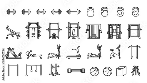 Vector Set of Gym Equipment Line Icons in Minimalist Style; Includes Dumbbells, Kettlebells, Treadmill, Stationary Bike, Weight Bench, Squat Rack, and Cable Machines for Fitness and Workout.