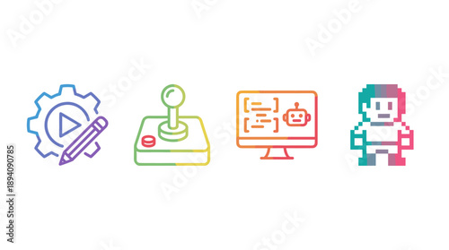Set of Colorful Gradient Vector Icons for Game Development Featuring a Game Engine Gear with Pencil, Retro Arcade Joystick, Computer Monitor with Programming Code and Robot, and Pixel Art Character