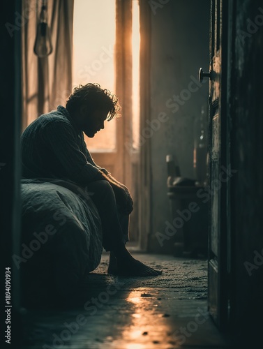 Sad man in a dark room full of desperation thoughts. Portrait of thoughtful sad man alone. Fear, sadness, abuse, depression, addiction