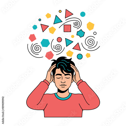 Man experiencing stress with chaotic thoughts and emotions.