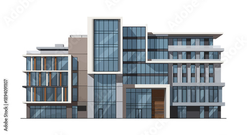 Modern Multi-Story Office Building Exterior with Glass Facade and Trees in Bright Outdoor Setting