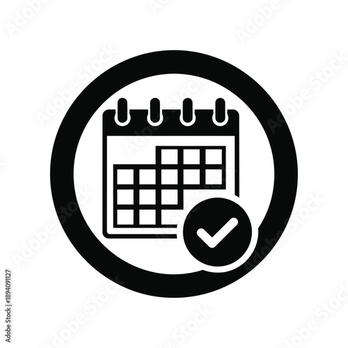Black and white icon of a calendar with a checkmark in a circle