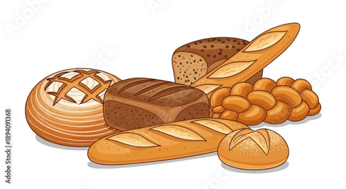 Assortment of Freshly Baked Bread, Baguettes, and Loaves on Isolated White Background