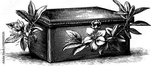 Vintage botanical trunk with floral engraving design from 19th century