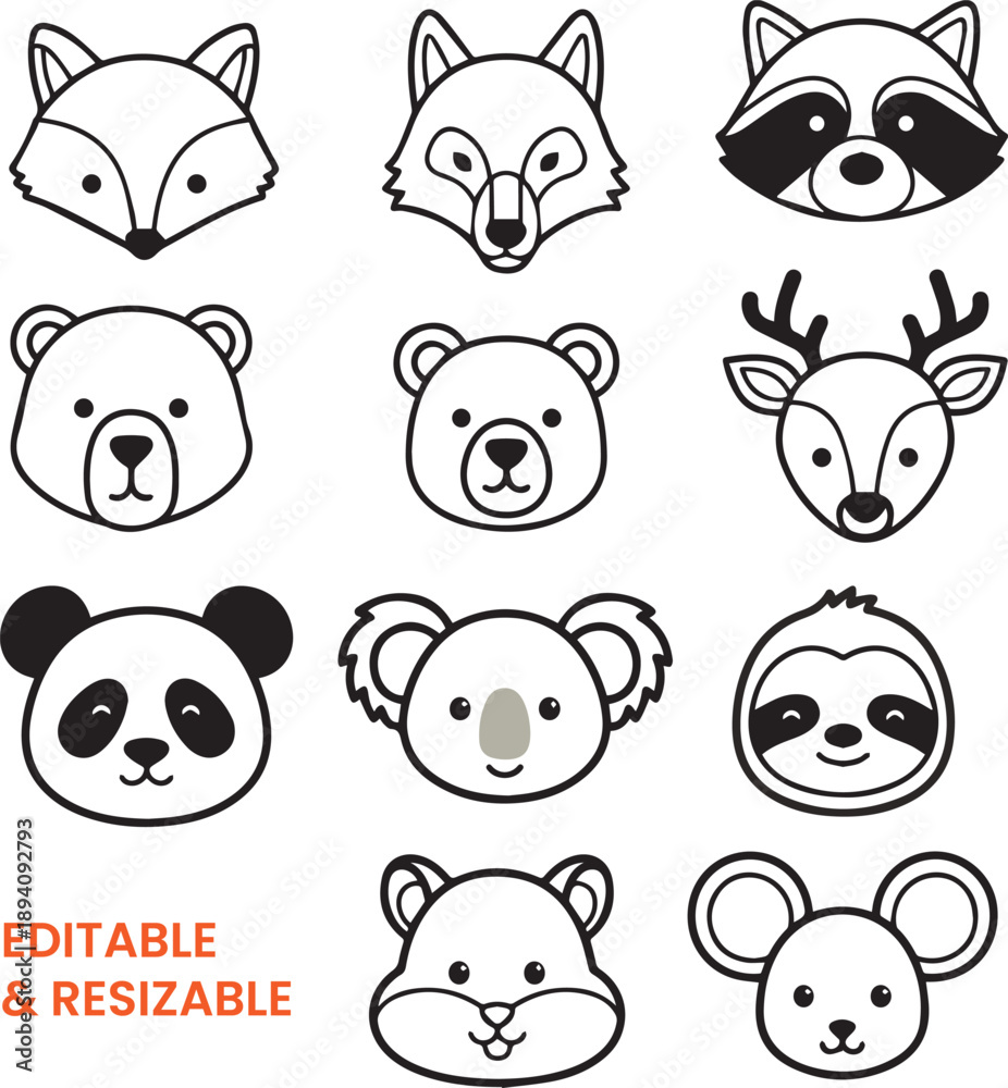 Fototapeta premium Minimalist forest animal head collection featuring outline designs of fox wolf and raccoon