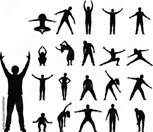 Black silhouette set of people exercising and stretching showing fitness movements, warm up poses, yoga postures, and active lifestyle concepts