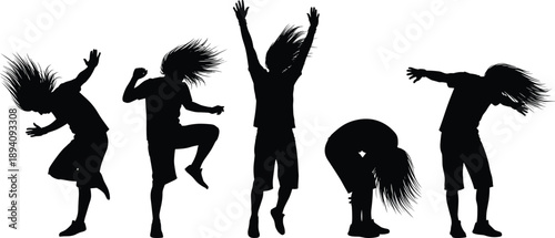 Black silhouettes of energetic children jumping and dancing with expressive hair motion, playful movement, freedom, joy, and youthful energy