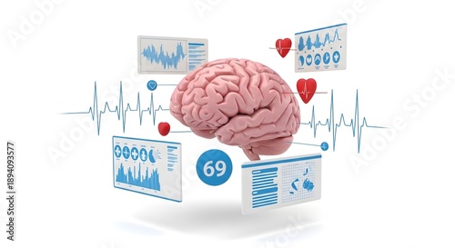 Pink brain surrounded by medical data screens and heart on white background