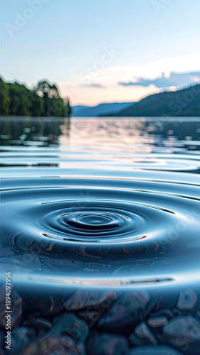 Ripples expanding on calm water near a rocky shore at sunset.