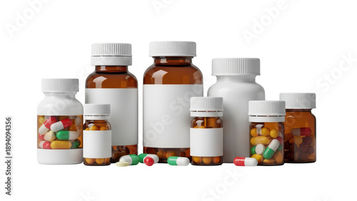 Collection of various prescription bottles isolated on transparent background