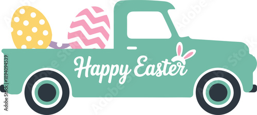 Cute Vintage Truck Outline Icons Set  Easter Eggs Spring Theme