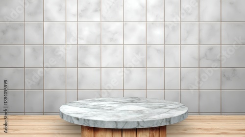 Elegant Marble Round Table Against Modern Grey Marble Wall with Wooden Flooring Ideal for Stylish Interior Design and Home Decor Photography