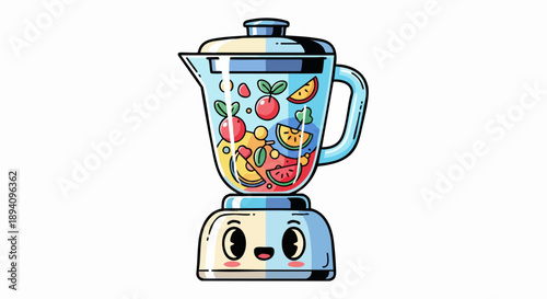 Cartoon Blender Filled with Fresh Fruits Ready for a Smoothie.