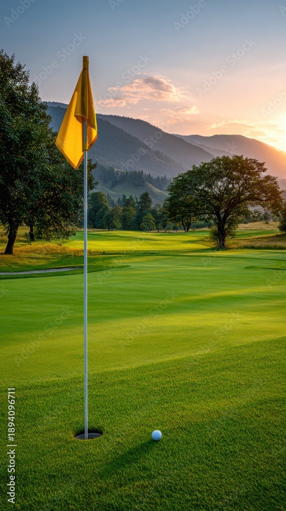Obraz premium Golden hour golf course serenity with flag and ball near the hole