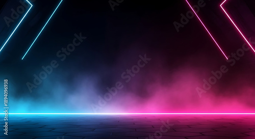 Abstract neon stage with pink and blue lights and smoke background