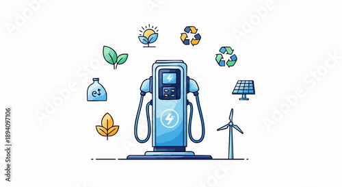 Electric vehicle charging station with renewable energy and eco-friendly icons.
