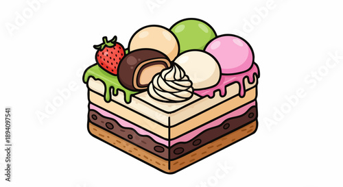 Delicious Square Cake with Multiple Toppings and Fruit.