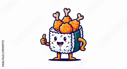 Cute cartoon sushi roll character with fried chicken drumsticks giving thumbs up.