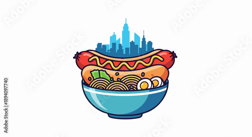 Delicious hot dog with skyline and ramen bowl illustration.