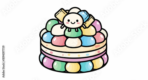 Cute Kawaii Cake Decoration with Marshmallow Character.
