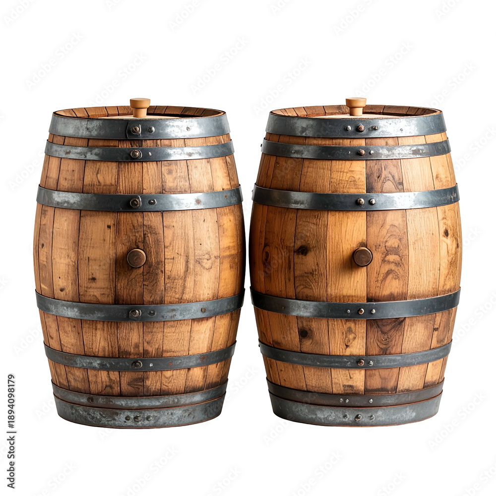 Obraz premium Two wooden barrels with iron bands and stoppers, isolated on black background