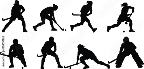 Field hockey player silhouette collection showing athletes dribbling, running, and shooting in dynamic game action poses isolated on white background