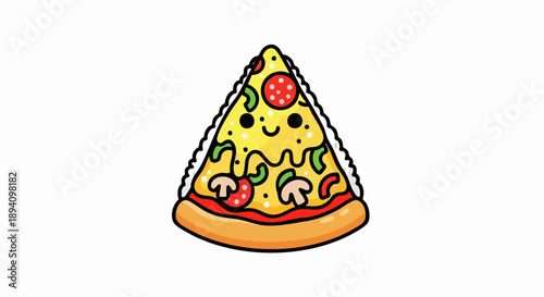 Cartoon pizza slice with smiling face and delicious toppings.
