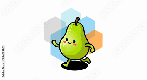 Cute cartoon pear character running happily with a cheerful expression.