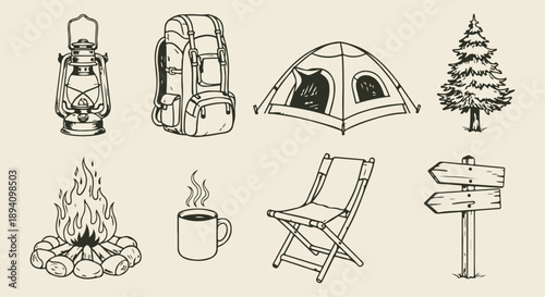 Hand-drawn collection of vintage camping and outdoor adventure essentials, perfect for travel exploration designs