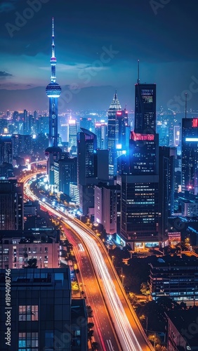 Wallpaper Mural A vibrant, neon-drenched cityscape at night featuring skyscrapers and streaking light trails from traffic below. Torontodigital.ca