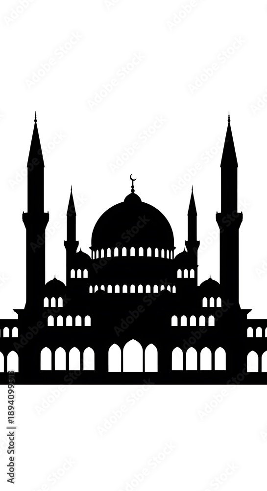 Fototapeta premium Mosque silhouette with minarets and dome.
