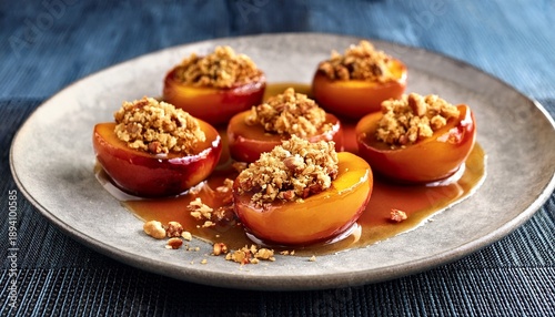 A Luxury Appetizer Of Caramelized Peaches With Nut Crumbles