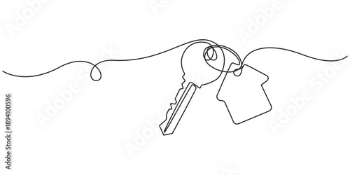 Continuous one line art drawing symbol of house keys, Single Line Vector Illustration, Real Estate Line Icon Vector Design, Continuous One Line Drawing Real Estate Icons Concept.