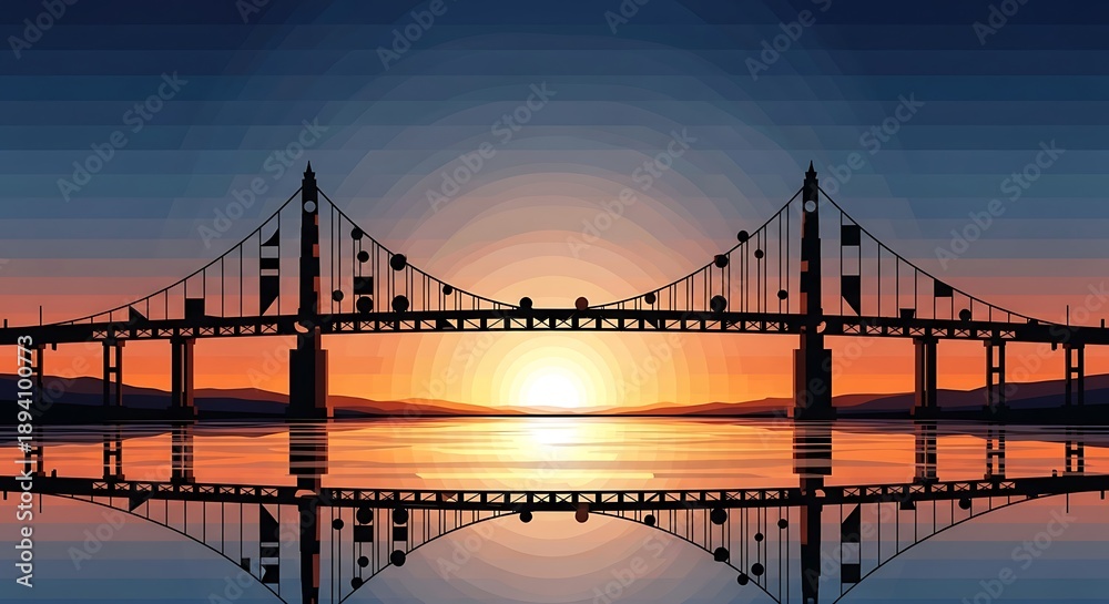 Fototapeta premium Sunset over a suspension bridge.