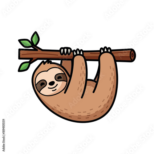 A cartoon sloth hanging upside down from a tree branch with green leaves on a white background.