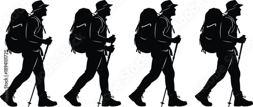 Hiking traveler silhouettes walking with backpacks, outdoor adventure journey, vector illustration for trekking, travel, exploration, nature concept