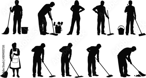 Cleaning staff silhouettes collection, people mopping and sweeping, janitor workers, vector illustration for housekeeping, service, maintenance concept